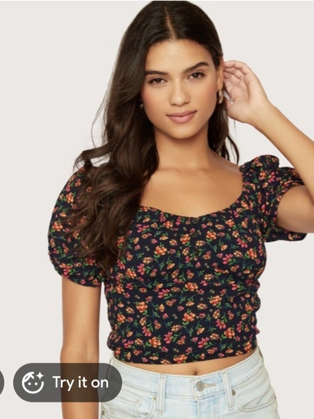Lost + Wander Black Puff-Sleeve Floral Crop Top w/Orange & Pink Blooms. Size M